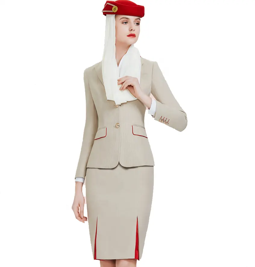 Apricot coloured sexy jacket and skirt hat set design custom traditional emirates airline uniform