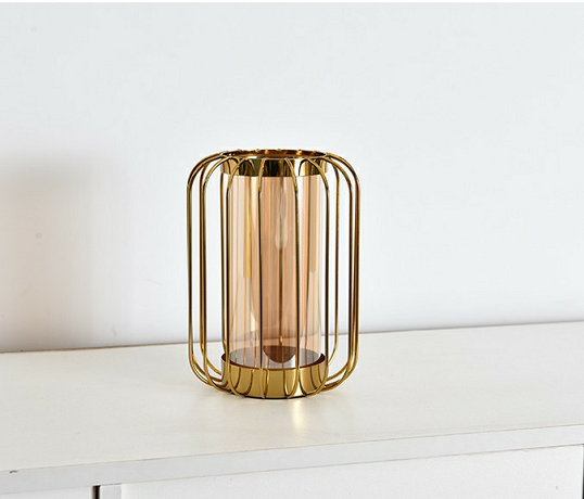 Home Decor Gold Black Metal Frame Wrought Iron Flower Glass Vase Decorative Metal Wire Flower Tabletop Vase
