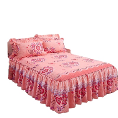 Bed skirt Skin-friendly lace princess non-slip 2 pillowcases and double lace bed skirt bed sheet