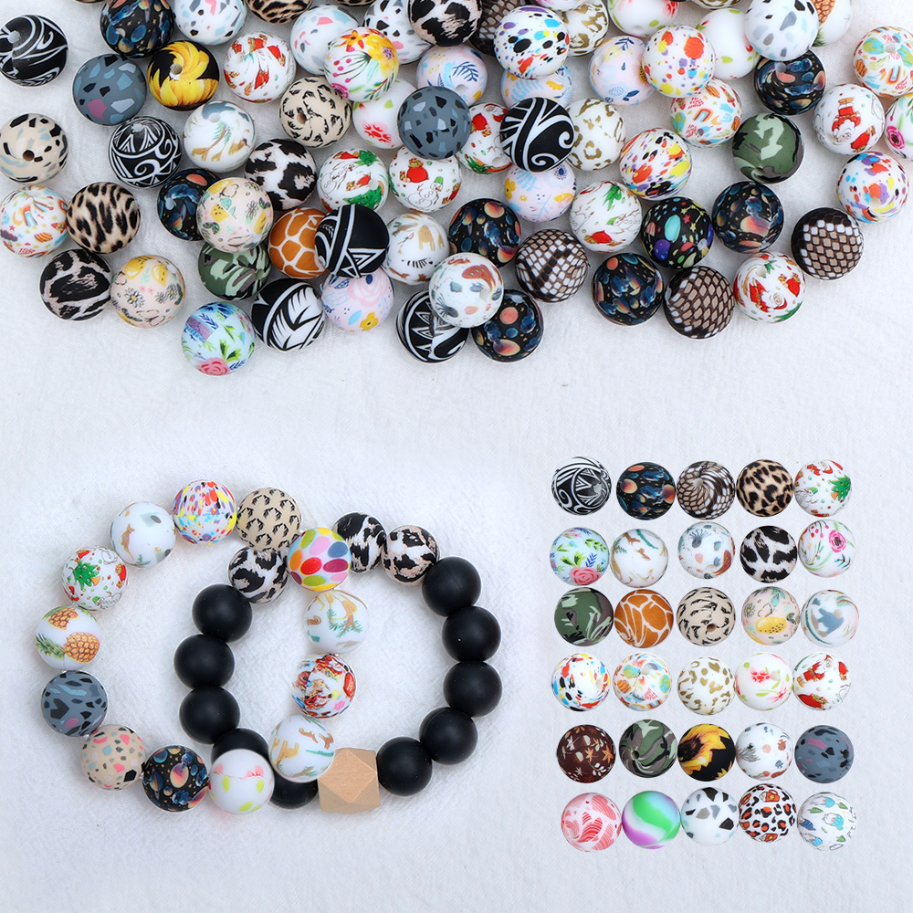 Wholesale Hot Sale Eco Friendly Colorful Soft Print 15mm Baby Chew Other Loose Silicone Focal Beads For Pens Bracelet Keychain