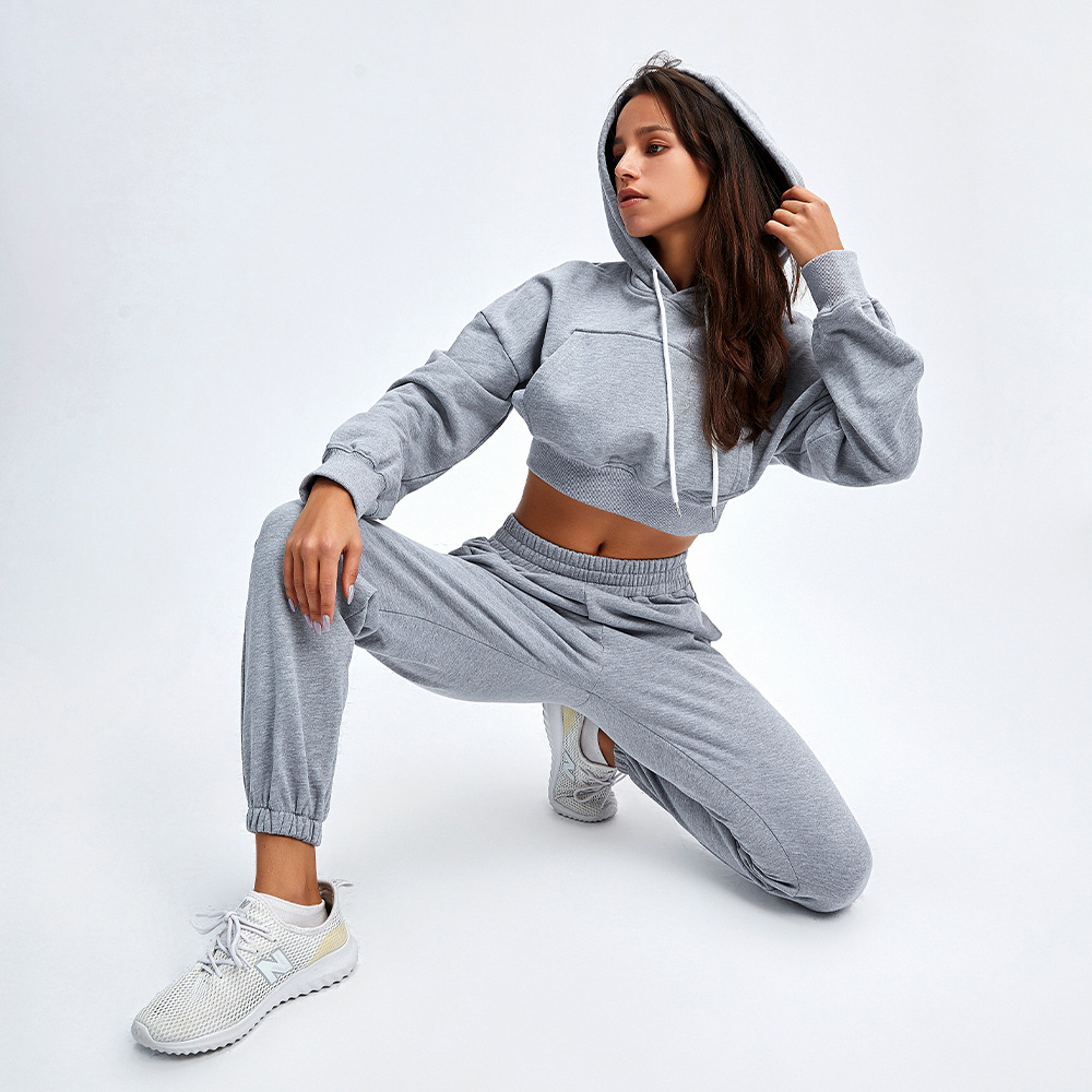 New Styles Casual Women Comfortable Sport Sets with Hoodies Workout Sweatshirt Crop Top Suit