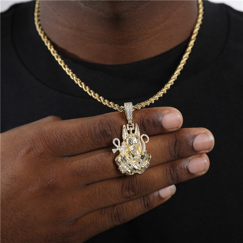 HIP Hop Full AAA Iced Out Bling Cubic Zircon Copper Egypt Ankh Cross Anubis Pendants & Necklaces For Men Jewelry