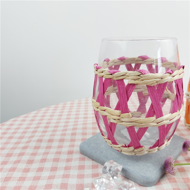 Modern Woven Island Wrapped Glass Cups Pink Stemless Wine Glasses