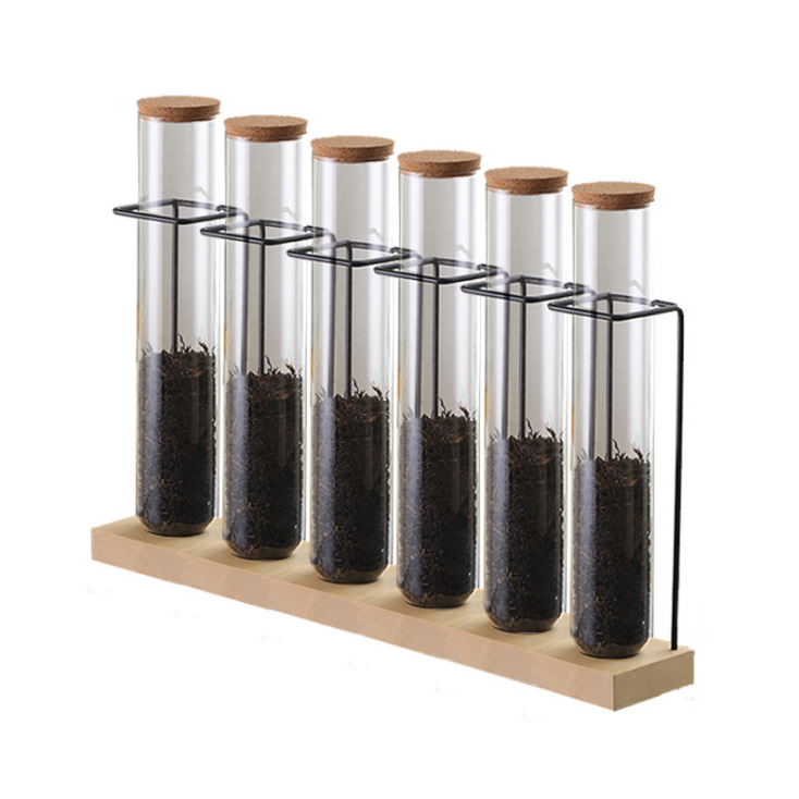 Wooden Coffee Beans Flower Tea Display Rack Stand with Glass Test Tube