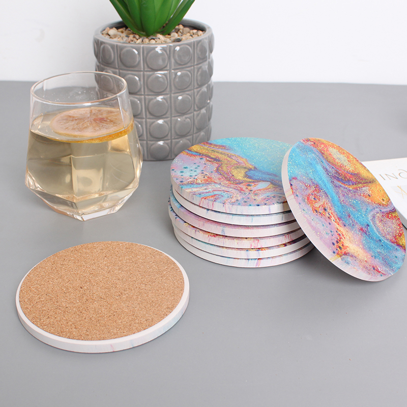 Free custom pattern low MOQ waterproof and absorbent sublimation ceramic coaster with cork base