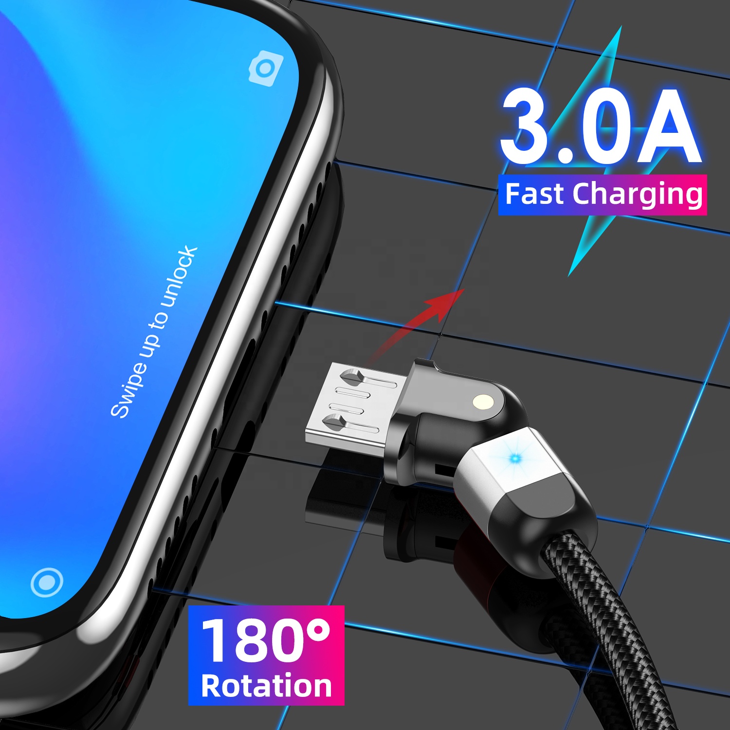 USLION Cheap price 3A fast charging USB data cable 180 degree L shape straight dual use cell phone accessories cable