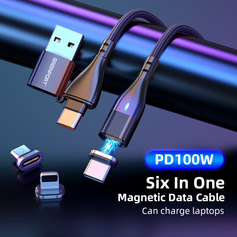 Наиболее совместимый с ноутбуком и микро-usb/type-c/ios телефонами 6 в 1 Магнитный кабель PD 100 Вт Кабель для быстрой зарядки передачи данных