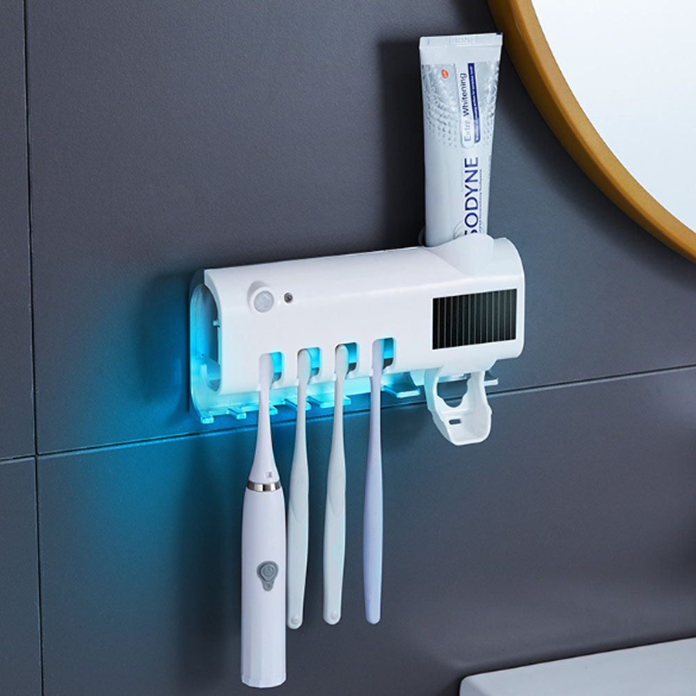 UV Sterilizing Wireless Wall Mount Toothbrush Holder With Brush Cup Holder And Toothpaste Dispenser