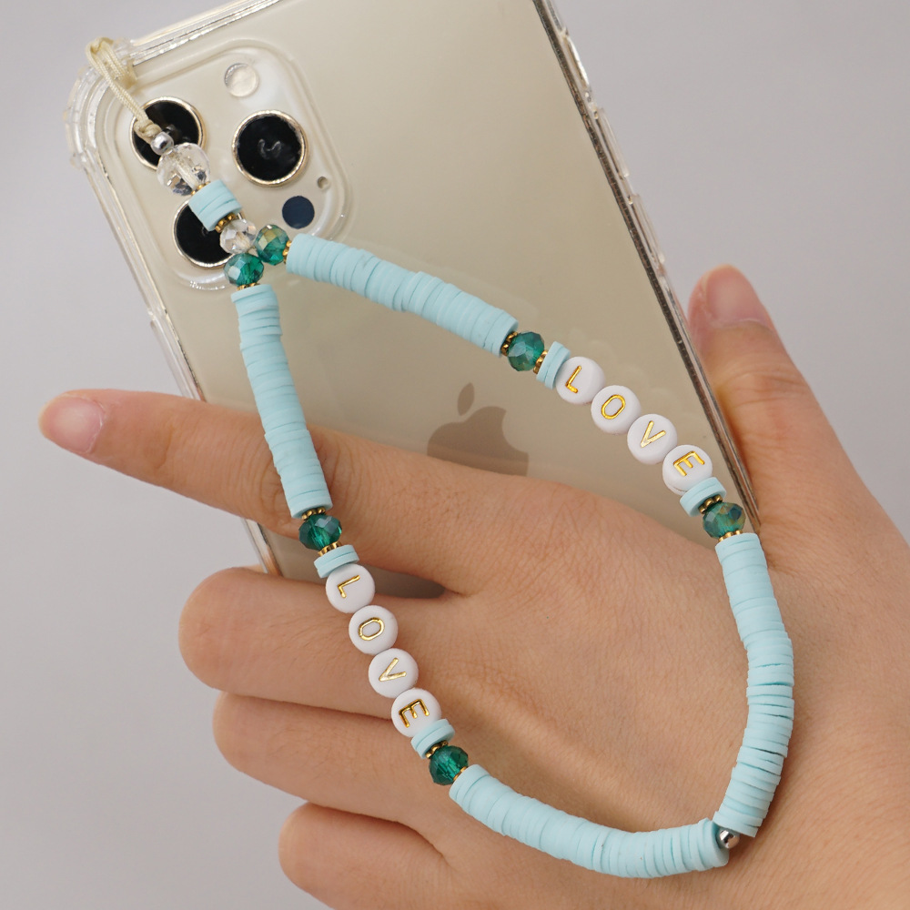 Amazon Jewelry Supply Acrylic Love Letter 6mm Pure Color Soft Pottery Phone Chain Crystal Ornaments Phone Chain