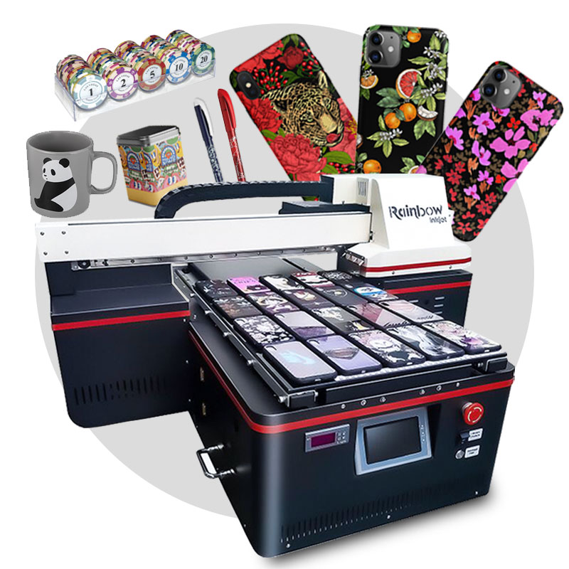 Rainbow A2 A3 size 4060 multifunction mini uv printer price for plastic phone case wood acrylic metal cylinder card uv printer