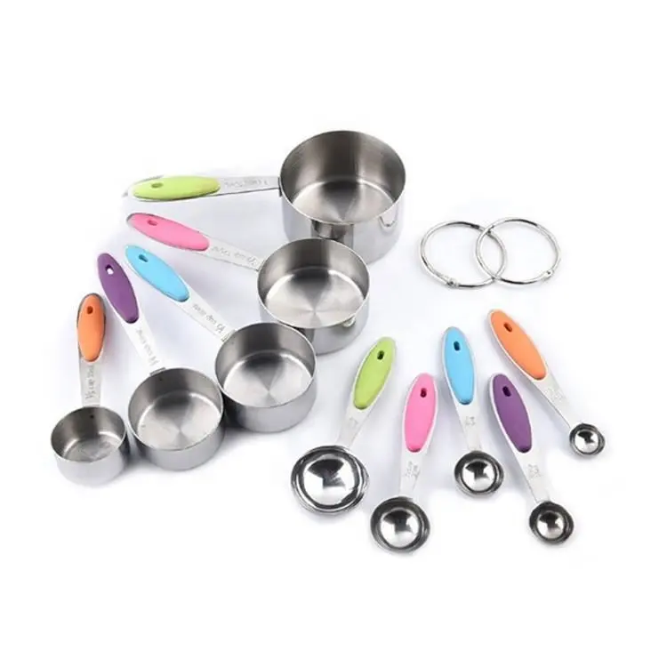 10pcs Kitchen Gadget Set Colorful Stainless Steel Measuring Cups Spoons Silicone Handle