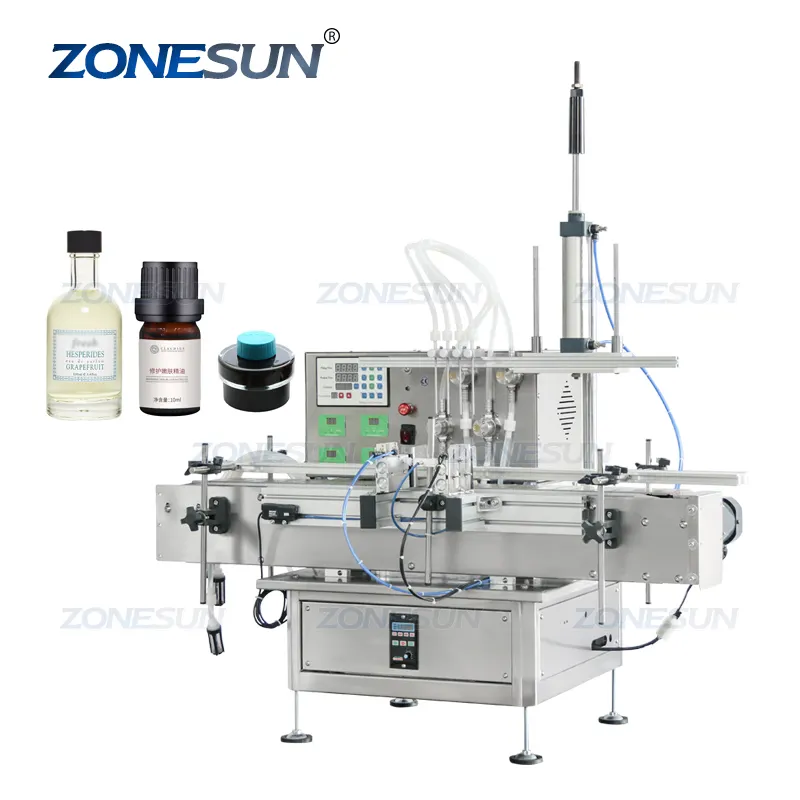 ZONESUN 4 Heads Automatic Desktop Juice Cosmetic Beverage Oil Water Ink Filler Liquid Filling Machine With Conveyor For Perfume