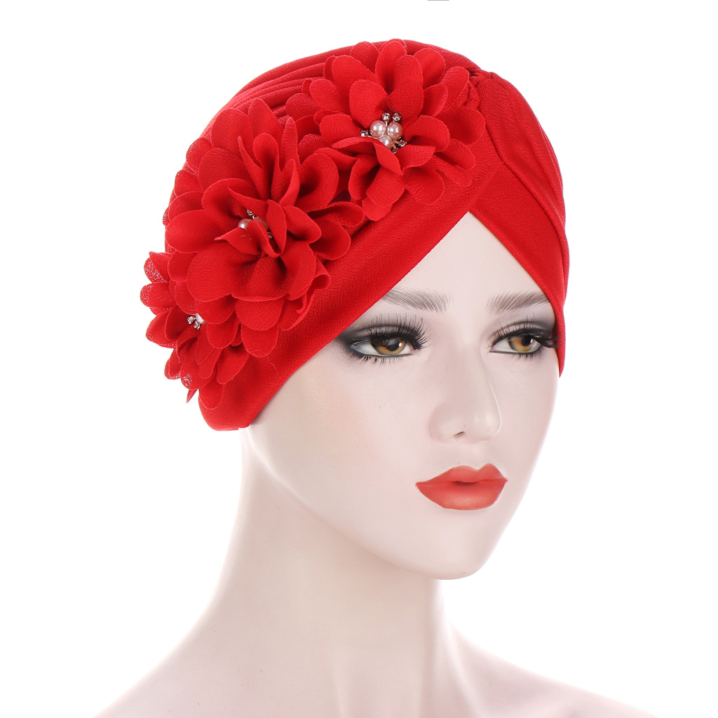 oem 10-Color Turban Hat Fold Muslim Women Hat Fashion Baotou Applique Three Flowers Turban Hat