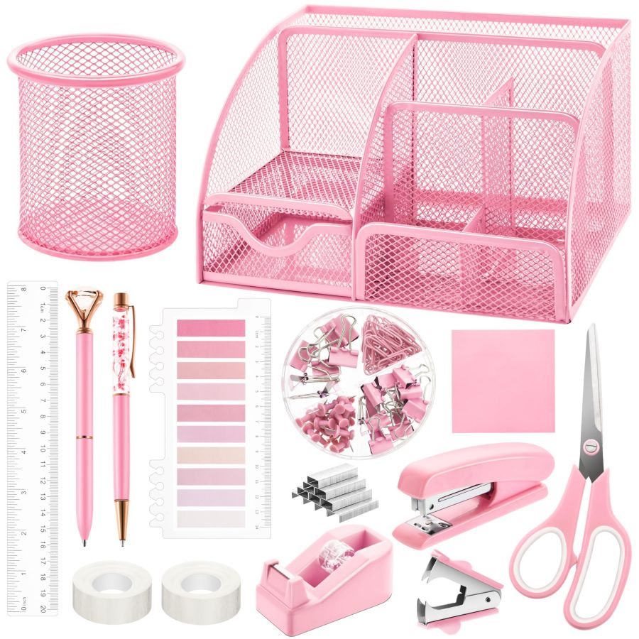 Custom Color Desk Organizer Set 11Pcs Pink Office Supplies Set Mesh Desk Organizer Accessories Kit