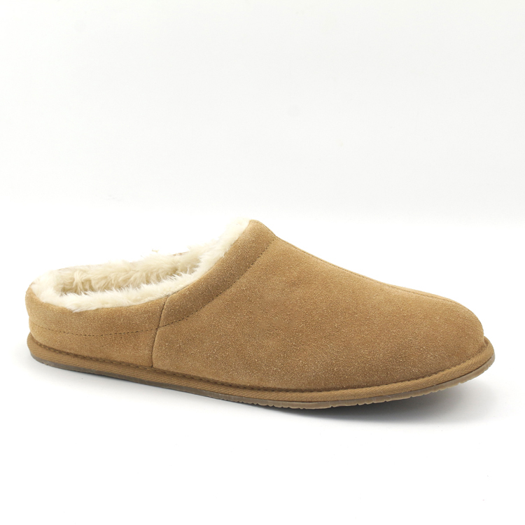 Custom Winter Warm Indoor Outdoor Cow Suede Upper Faux Fur Lining House Slippers for Men