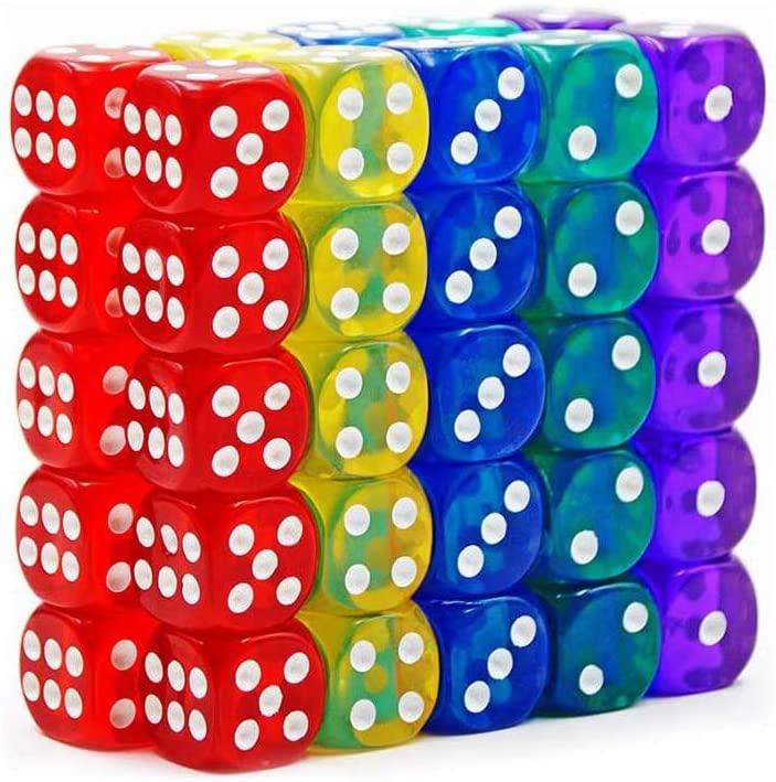 50pcs 14MM Translucent & Solid 6-Sided Game Dice 5 Sets of Vintage Colors Dice for Board Games and Teaching Dice Set