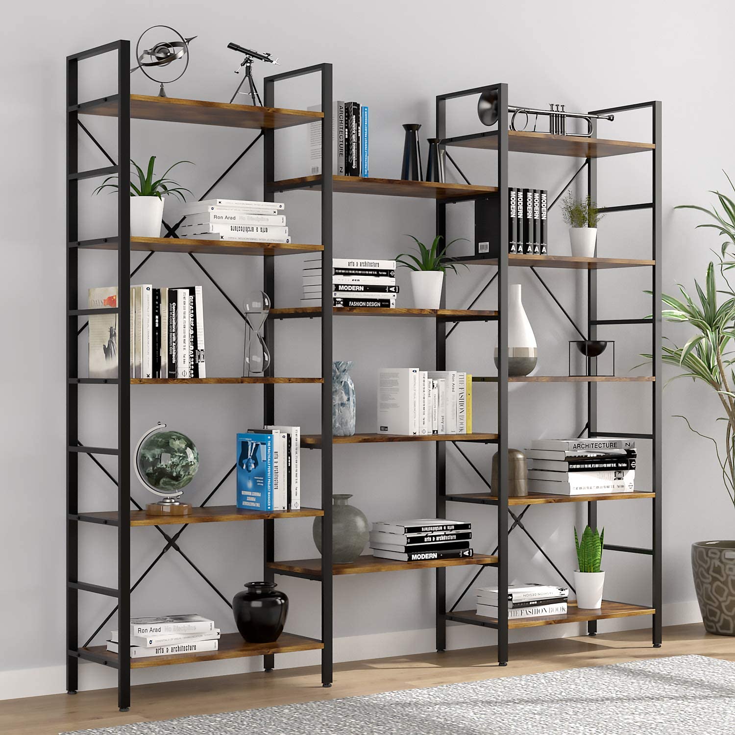 Triple Wide 5-Tier Bookshelf, Rustic Industrial Bookshelf, Bookcase for Home & Office
