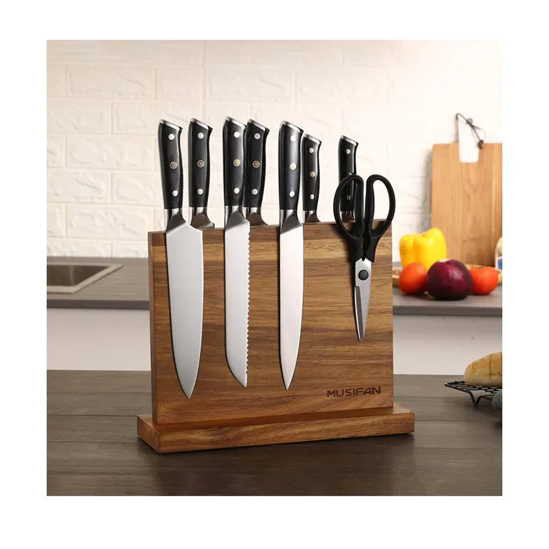 Stainless Steel White Kitchen Acacia Wood Wooden Magnetic Knife Set Bar Block Organiser Holder