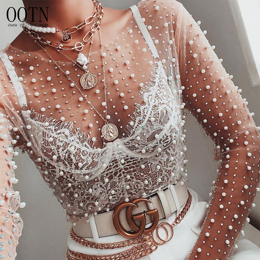 OOTN, топы для клубной вечеринки, Женская Весенняя блузка с жемчугом и бисером, блузы, женские прозрачные пикантные кружевные сетчатые рубашки с круглым вырезом и длинным рукавом, 2020