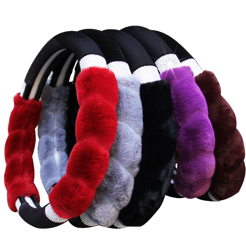 new arrival fancy plush winter warm coldproof universal fur bling rhinestone diamond car women steering wheel cover for girl
