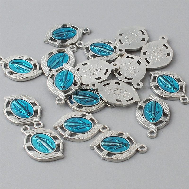 Rhodium Plated 11*17mm Zinc Alloy Virgin Mary Medal with Blue Enamel for Catholic Bracelet Made