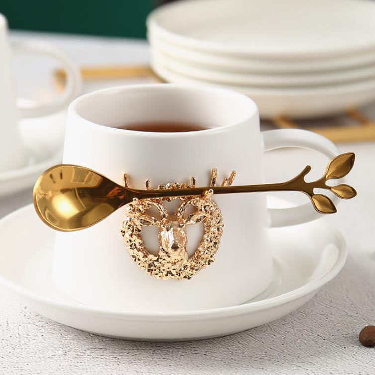 European coffee cup set matte porcelain mug with gold reindeer christmas gift ceramic handgrip mug and saucer set