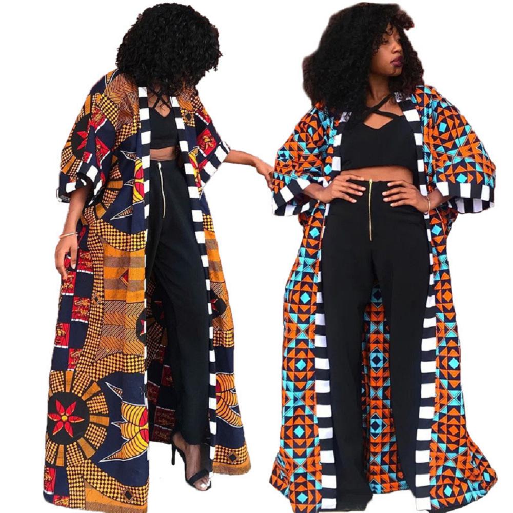2021 New Arrival fall Slash neck printing short sleeves cardigan Jacket coat African ethnic style women's trench long coats
