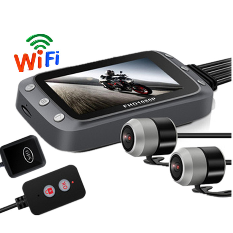 Wi-Fi мотоцикл видеорегистратор Даш Cam Автомобильная 1080P + 1080P Full HD спереди заднего вида мотоцикла камера GPS регистратор Коробка двойной мотоцикл Cam
