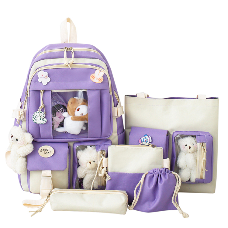 Premium Quality Customized Logo Large Capacity Teens Stylish Cute Canvas Backpacks 5 Piece Set 2021 High Girl School Bag