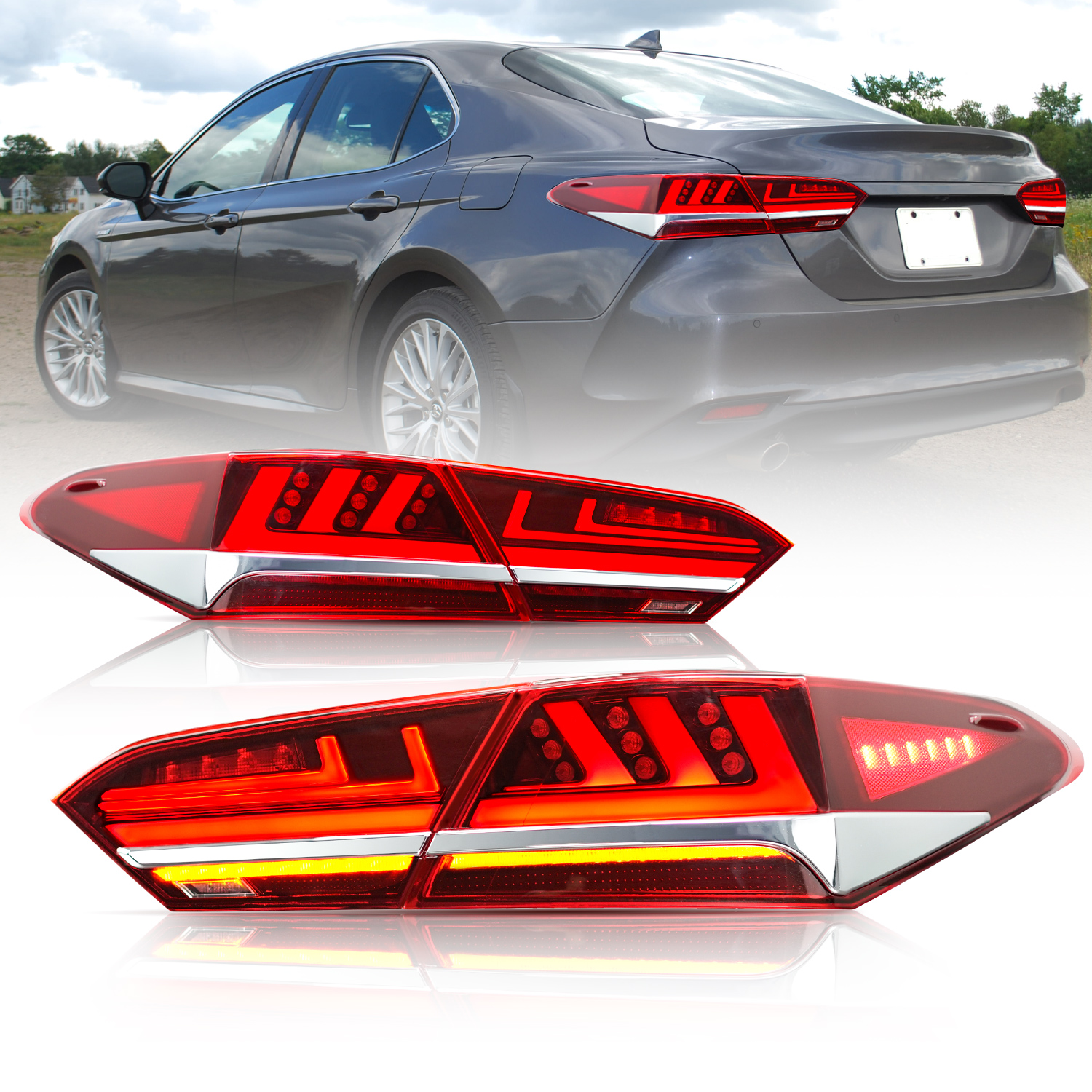 Заводская светодиодная задняя лампа для Toyota Camry 2018 2019 2020 с хромированным дизайном, последовательный поворотный сигнал для задних фонарей Camry