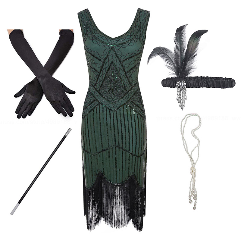 ecoparty Ladies 20s 1920s Roaring Flapper Costume Sequin Gatsby Green Fancy Dress