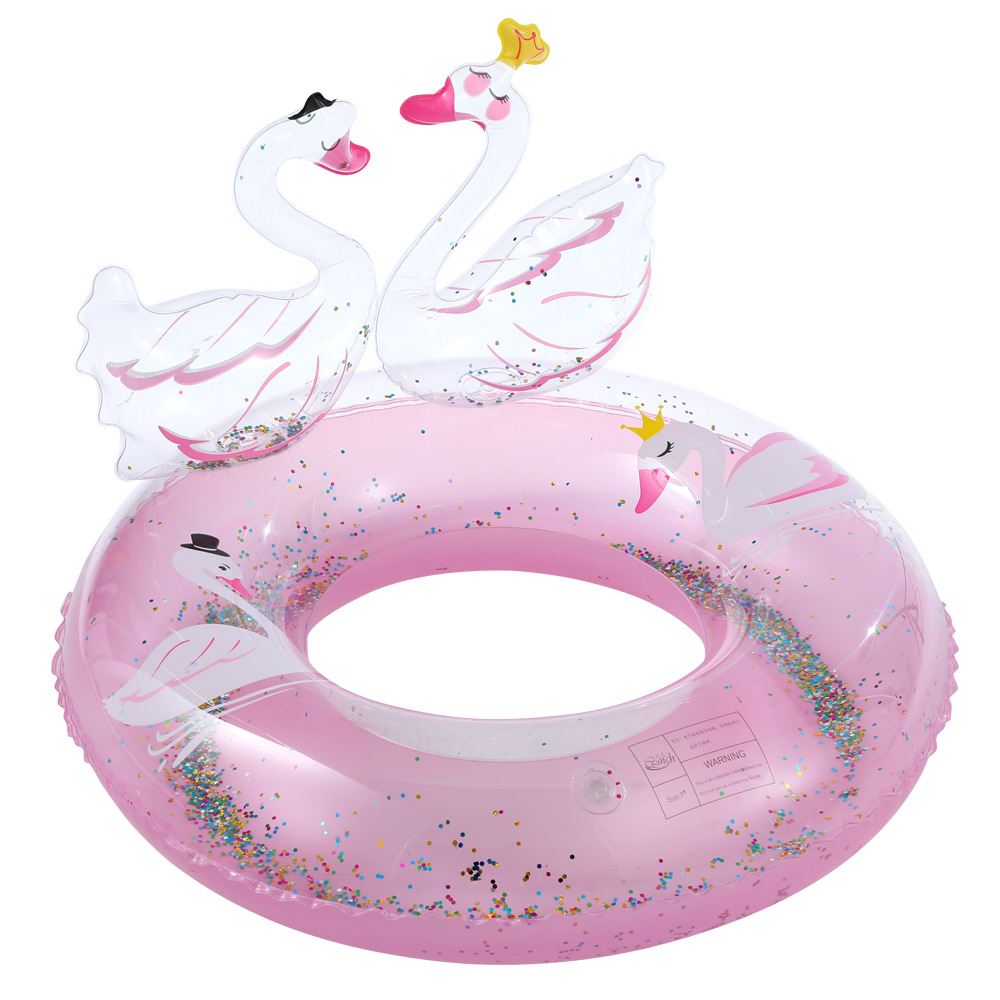 Round transparent sequin Three-dimensional Twin swans Shape inflatable swimming rings for kids baby water float
