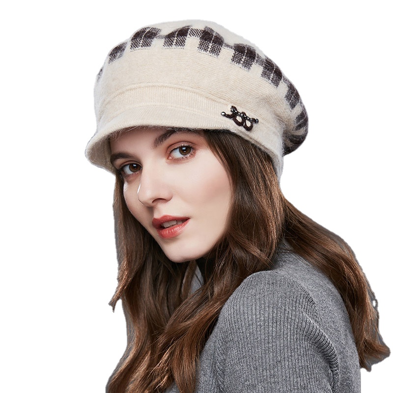High Quality Women Wool Beret Visor Hats Thick Winter Plaid Knitted Beanie With Rhinestone Wholesale Casual Outdoor Hat New