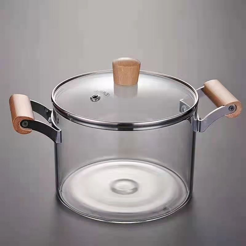 Wholesale transparent high borosilicate heat resistant glass wood handle glass cooking pot