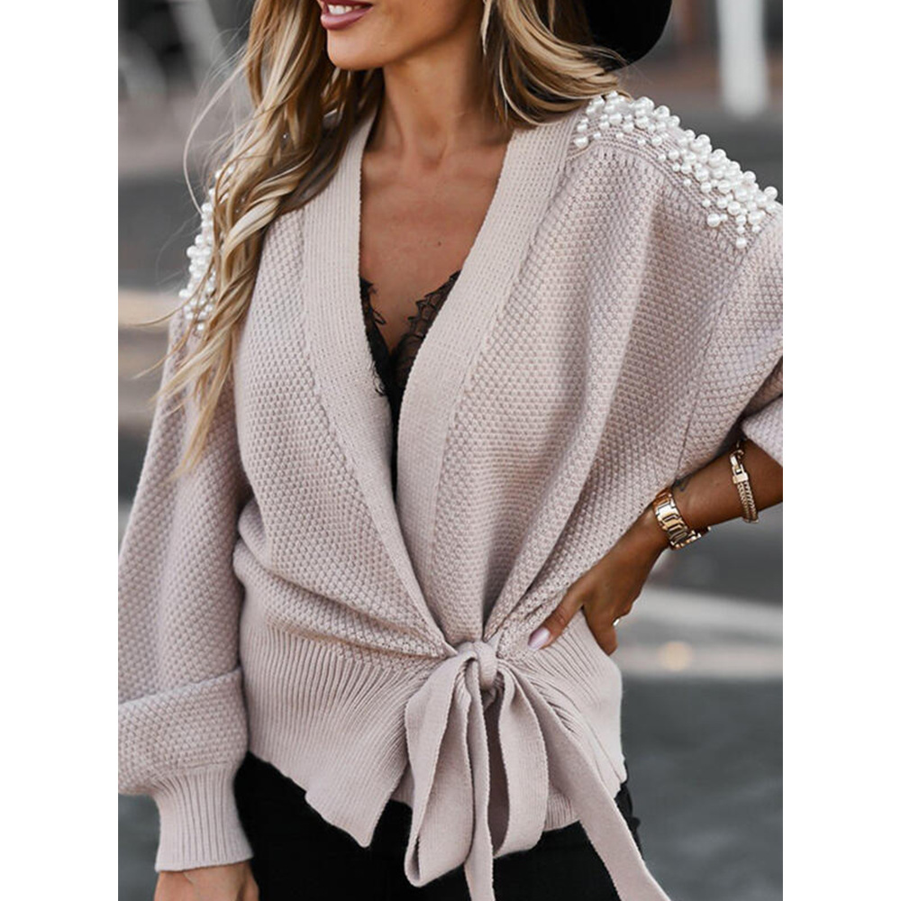Long slevee genuine pearl bandage V neck women sweaters fashionable
