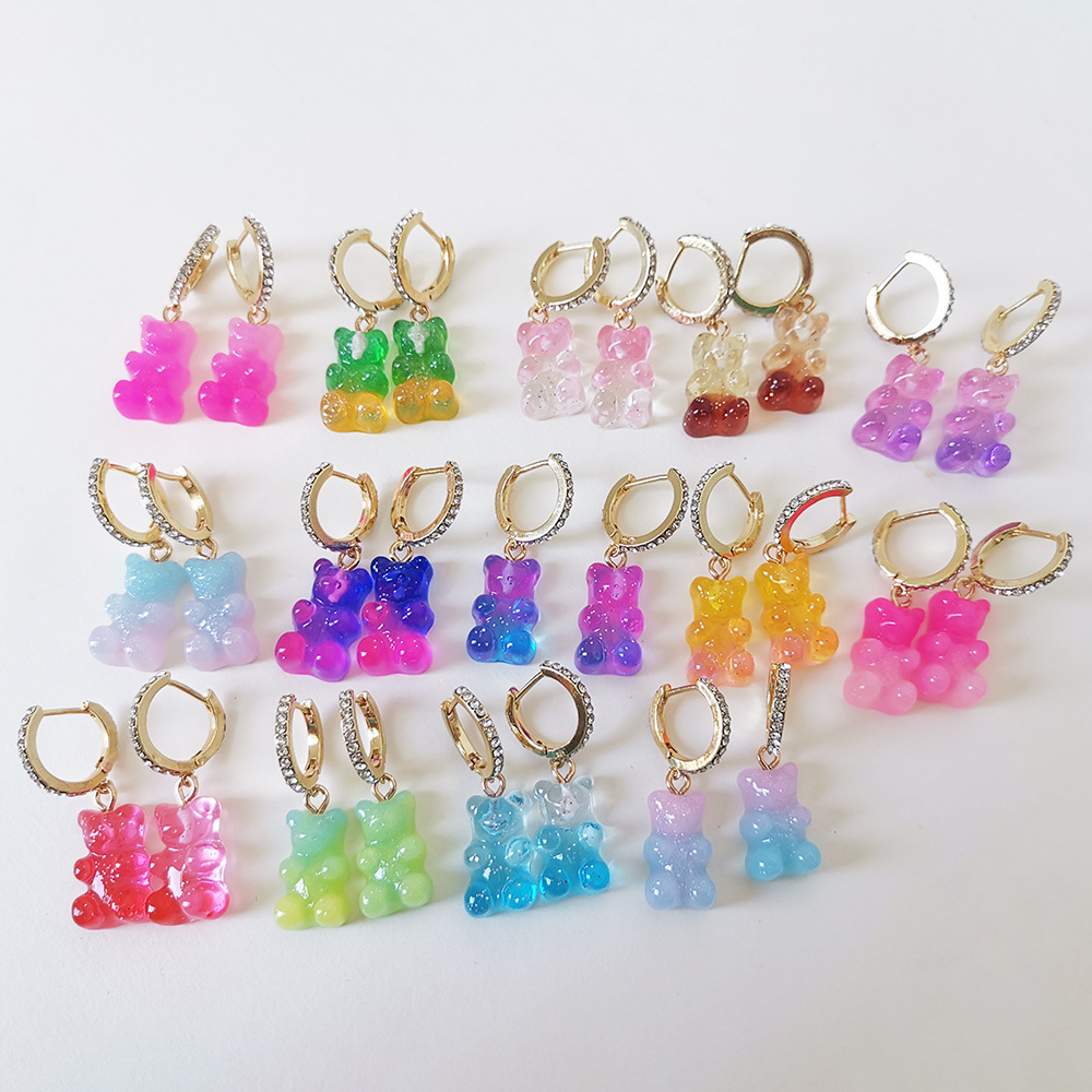 Gummy Candy Bear Earrings Resin Bear Drop Colorful Cartoon Dangle Drop CZ hoop earrings for girls kids Women