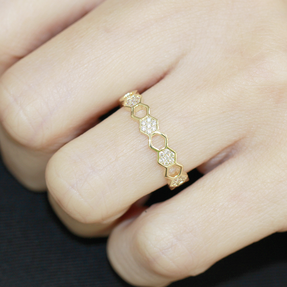 YANYI Delicate Diamond Set Honeycomb Ring With Polygonal Opening Adjustable Ring Gift