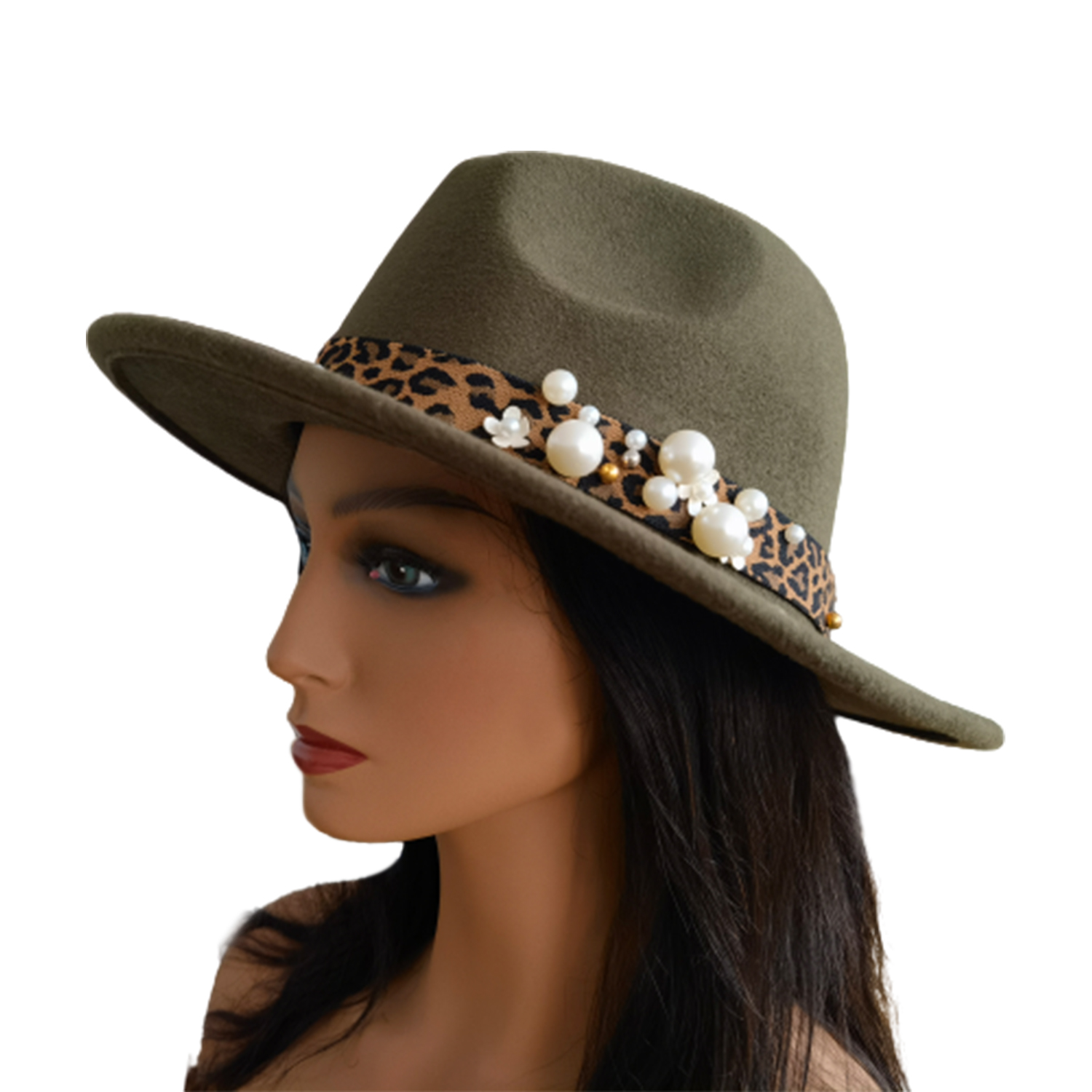 Winter Adult Fashion Leopard Print Pearl Wool Jazz Hat Felt Hats Flat Top Fedora Hats