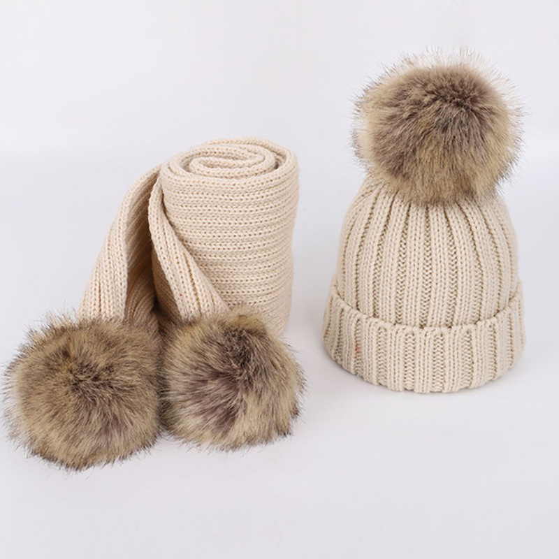 Baby infant toddler Winter Knit Faux Fur Pom Hat Bobble Ski Beanie and scarf set for Girls Boys