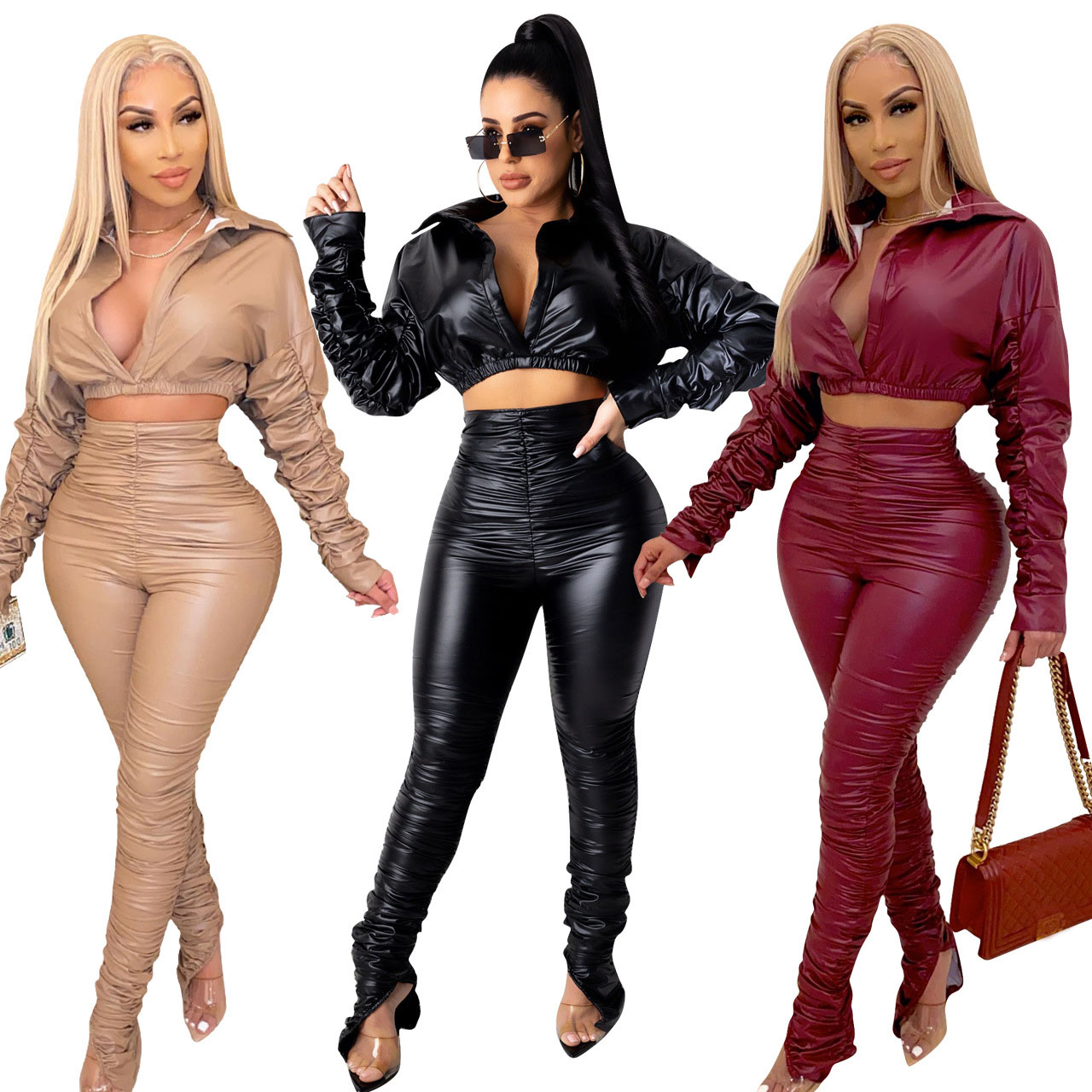 FS5143A Autumn new arrival tops and pants pu leather two piece sets for woman
