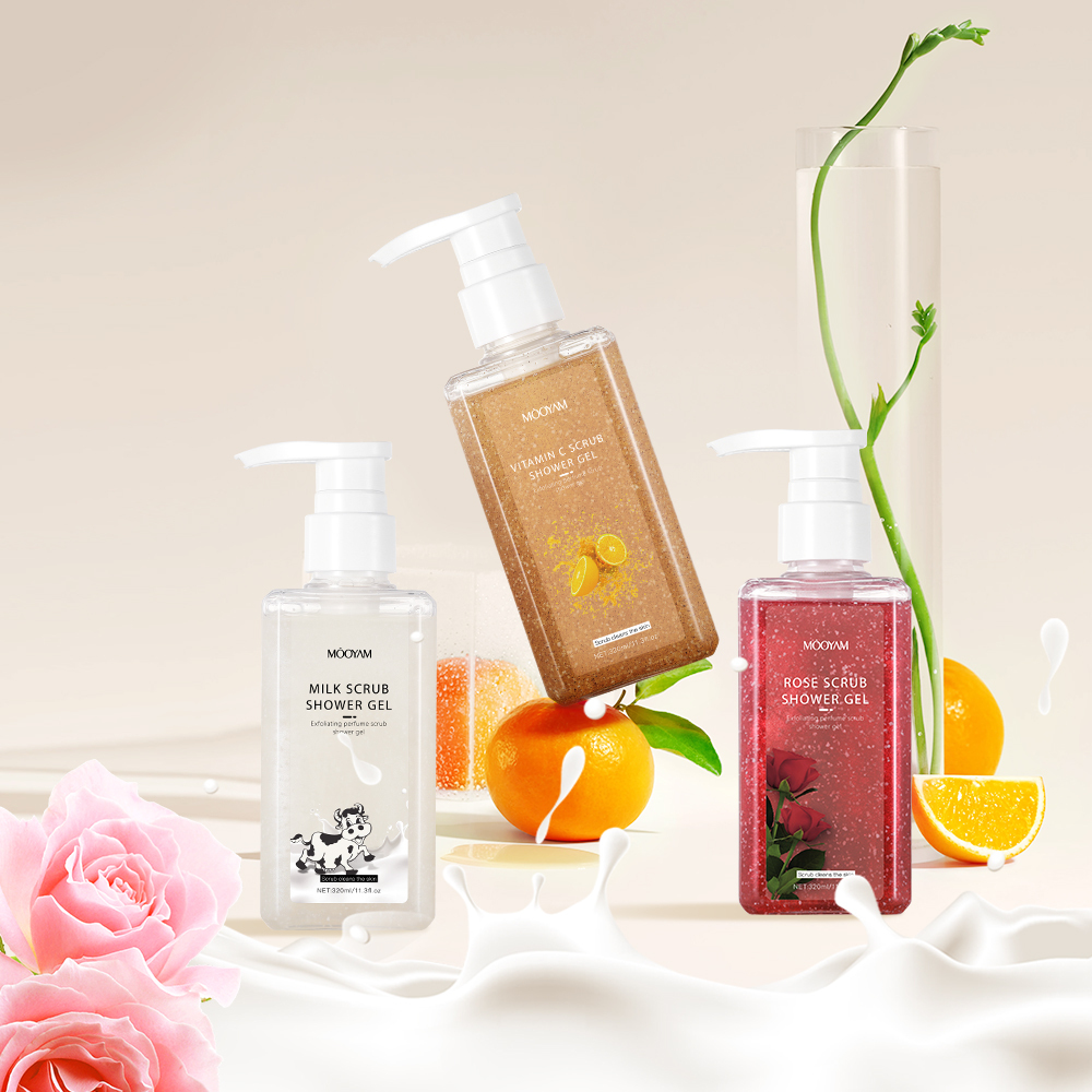 OEM Private Label MOOYAM Whitening Moisturizing Soft Silky Remove Wrinkles Soften Cuticle Vitamin C Rose Milk Scrub Shower GEL