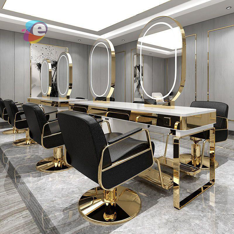Custom Glass Clear salon shop mirror Window Showcase Luxury Gold Metal Glass Hair salon mirror work station