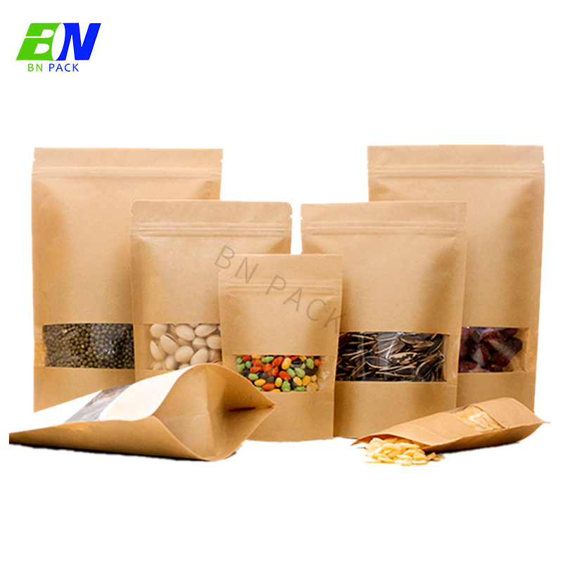 Resealable kraft paper zipper packaging fully recycled craft pouch brown paper bag with window