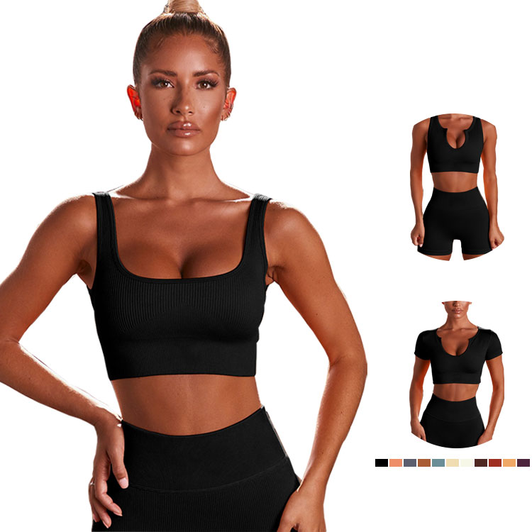2021 Two Piece Rib Gym Sportswear High Waist Seamless Shorts Pants Leggings Set Yoga Wear Woman