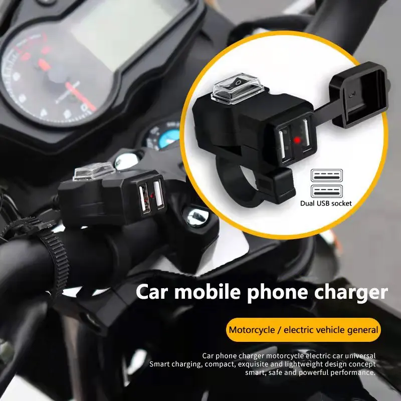 Motorcycle Handlebar Phone Charger 12-24V Waterproof Dual USB Ports with On Off Switch