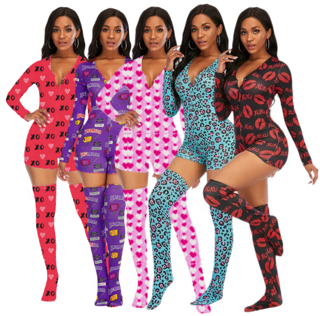 Ladies Long Sleeve Printed Pajamas Women Romper Deep V Neck Bodycon Slim Bodysuit Button Short Jumpsuit Sexy Onesie With Socks
