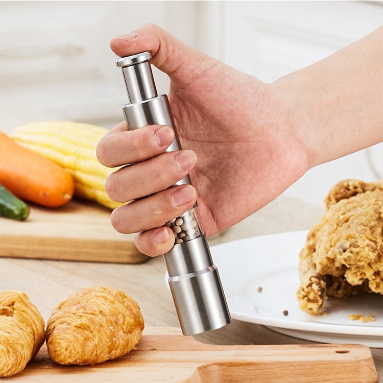 Pepper grinder one hand mill manual press bottle pepper grinding ss refillable spice grinder mill for salt pepper and seasoning