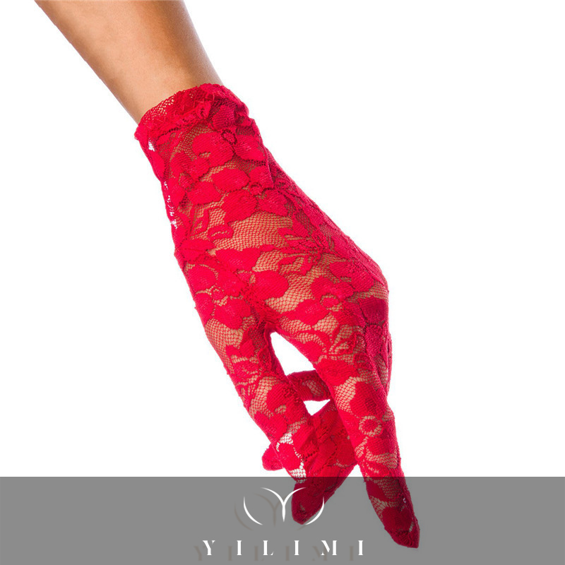 Hot sale high quality cheap christmas party short gloves full finger bridal etiquette lace print gloves for women