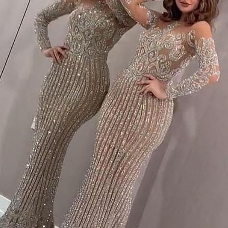 2XL Большие размеры Толстые элегантные женские вечерние платья Одежда для невест Вечернее Макси-платье с длинным рукавом и блестками