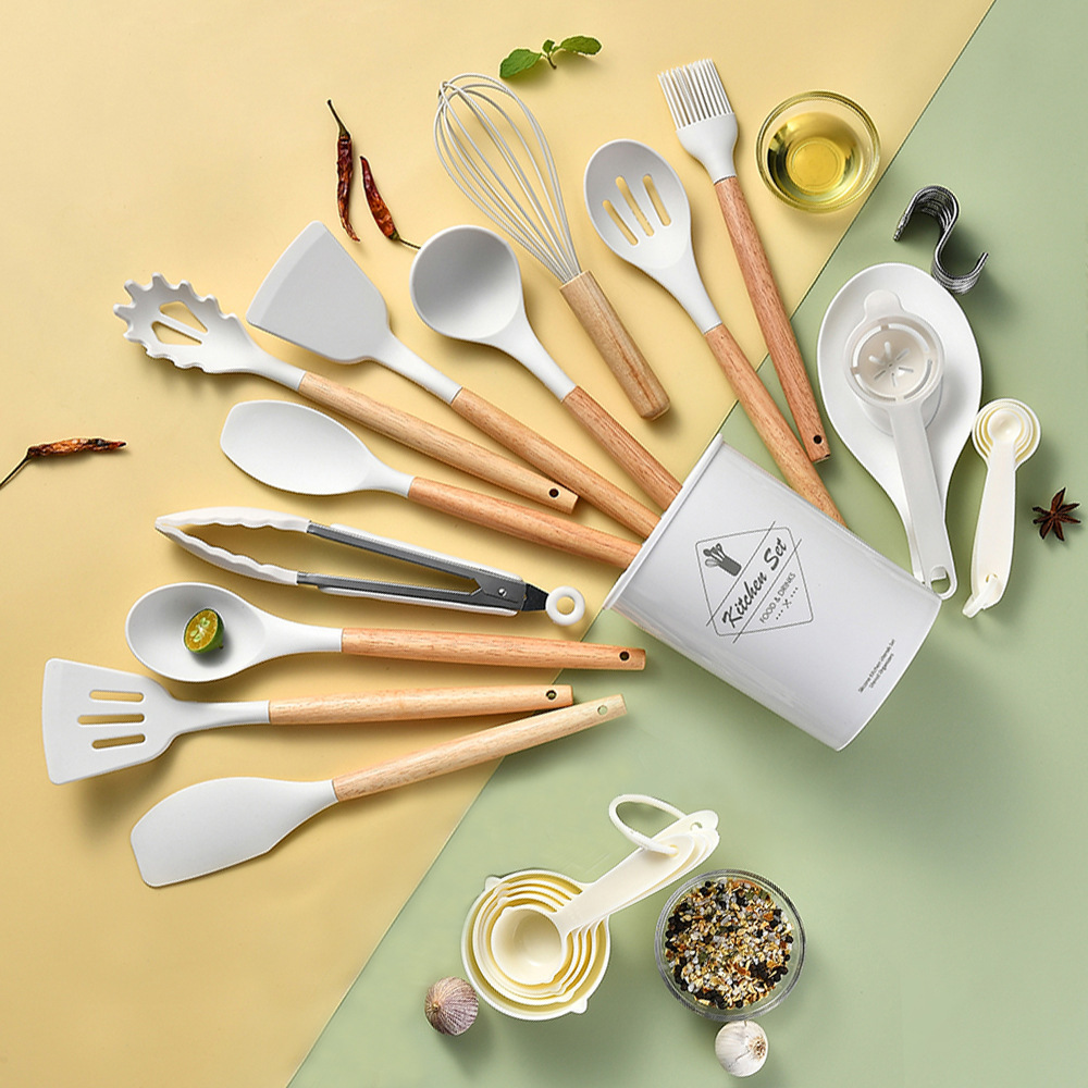 34-Piece Household Eco-Friendly Kitchenware Set Wooden Handle Silicone Cooking Spoon Utensil for Home Kitchen Use